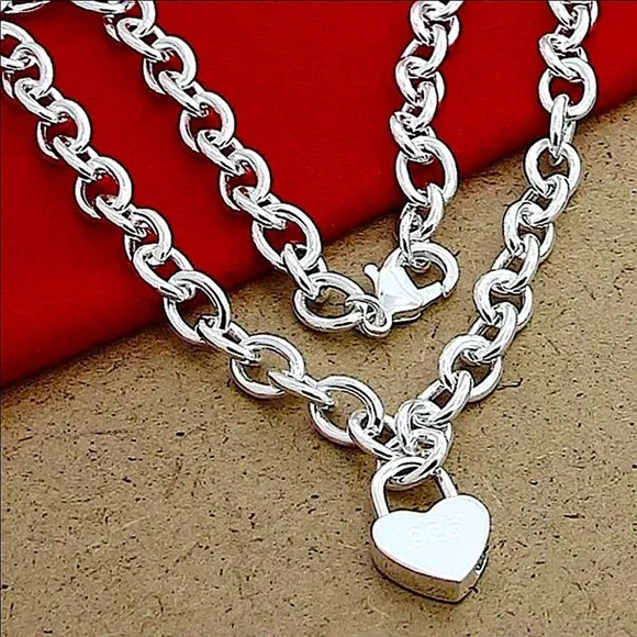 Boho Sterling Silver Heart Lock Pendant Necklace Bracelet Set - Picture 4 of 6